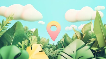 Pink location pin amidst lush tropical foliage under a pastel sky.