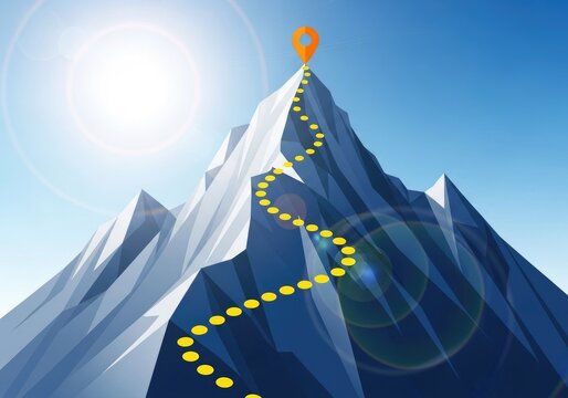 A winding path leads to the summit of a majestic mountain under a bright sun symbolizing a challenging but rewarding journey