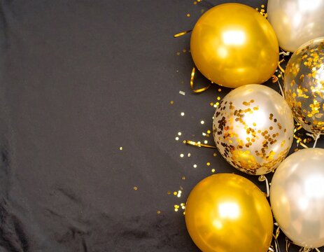 A festive composition of gold and white balloons, , on a black background with copy space for a celebration.