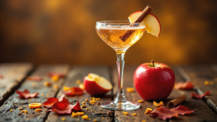 Apple cider cocktail in a rustic close-up style, warm amber and red colors, representing autumnal bar drinks, sophisticated seasonal cocktails, and festive holiday party beverage ideas, copy space