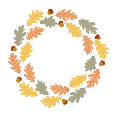 Flat vector autumn wreath made of colorful oak leaves and acorns.
