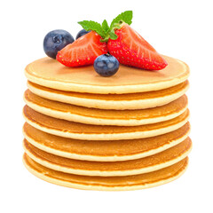 Delicious golden pancakes stacked with fresh strawberries blueberries and mint leaves on a white background perfect for breakfast or dessert