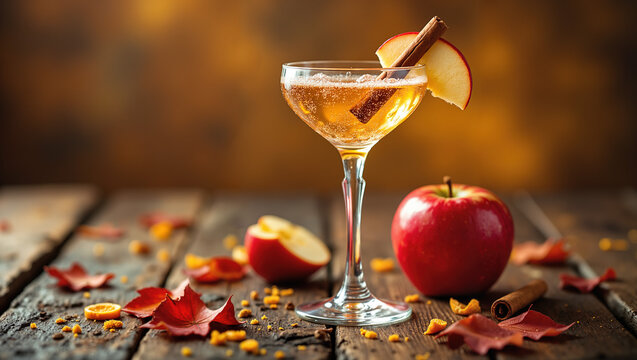 Apple cider cocktail in a rustic close-up style, warm amber and red colors, representing autumnal bar drinks, sophisticated seasonal cocktails, and festive holiday party beverage ideas, copy space
