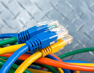 Close-up of colorful Ethernet cables with RJ45 connectors, against a textured metal backdrop. Networking essentials for reliable data connections.