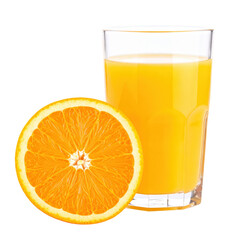 Refreshing orange juice in a clear glass with a fresh orange half on a clean white background for healthy breakfast and citrus fruit nutrition concept