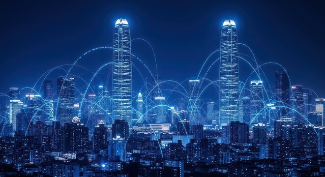 Night cityscape with glowing network connections