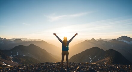 Obraz premium Golden Hour Triumph: Woman Greets the Sun on a Vast, Layered Mountain Summit.
