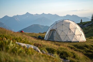 Dome Tent Camping in the Mountains at Sunset