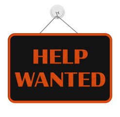 Hanging Help Wanted sign isolated on white