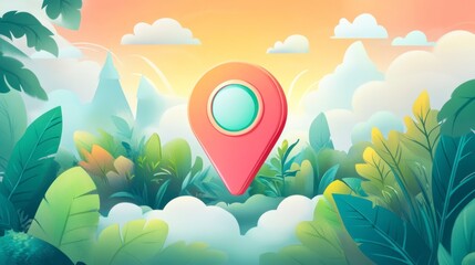 Location pin floating over lush jungle landscape at sunset.