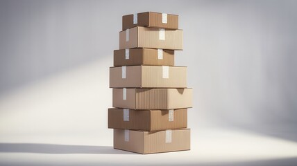 Stacked corrugated cardboard boxes sealed with tape, ready for shipping or storage
