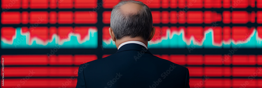 Poster analyzing fluctuating data: a man observes a screen displaying dynamic red and teal graph data, deep