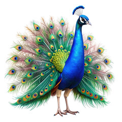 Vibrant and colorful male peacock with fully fanned tail displaying intricate eye patterns and iridescent blue and green feathers, isolated on white background