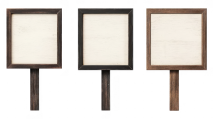 Three blank wooden signs against an transparent background in neutral tones
