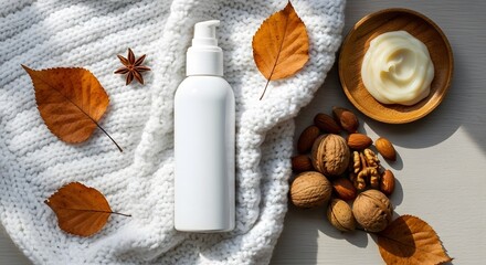 White bottle with leaves and nuts on a knitted white blanket