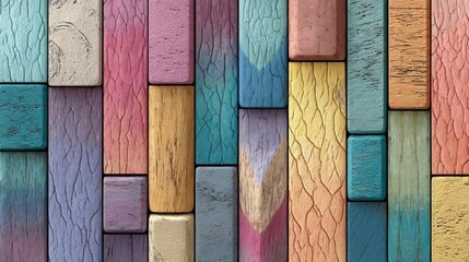 Colorful abstract arrangement of wooden planks with various textures and shades