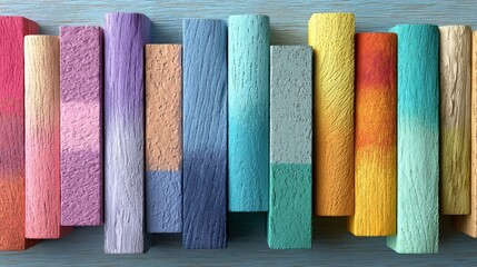 Colorful wooden blocks arranged in a row with varied textures and hues