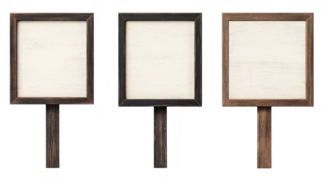 Three blank wooden signs against an transparent background in neutral tones