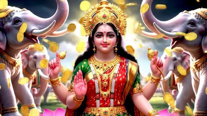 Hindu deity, adorned with jewels and surrounded by elephants