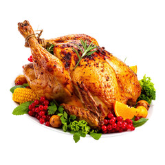 Delicious roasted whole chicken with crispy skin garnished with herbs and served alongside colorful vegetables and fresh fruits on a white background