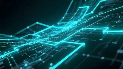 Abstract digital circuitry with glowing blue lines and nodes on a dark background
