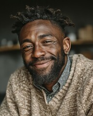 A smiling man wearing a cozy sweater poses for a close-up portrait indoors