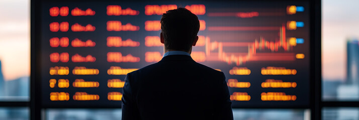 Financial Insights: A man in a suit observes a large screen displaying complex market data, against an urban backdrop at sunset.