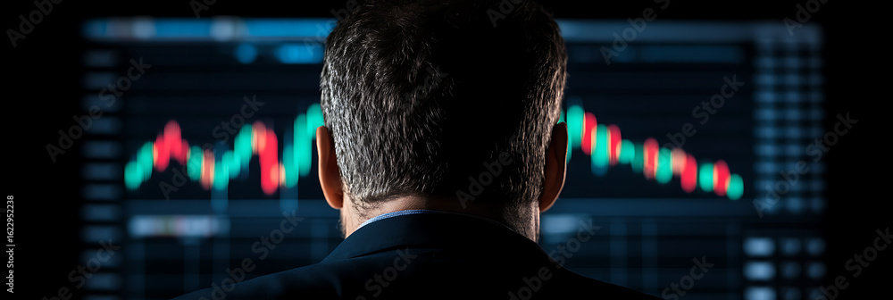 Poster trader analyzing stock market data on screen. financial analytics in trading for wealth management. 