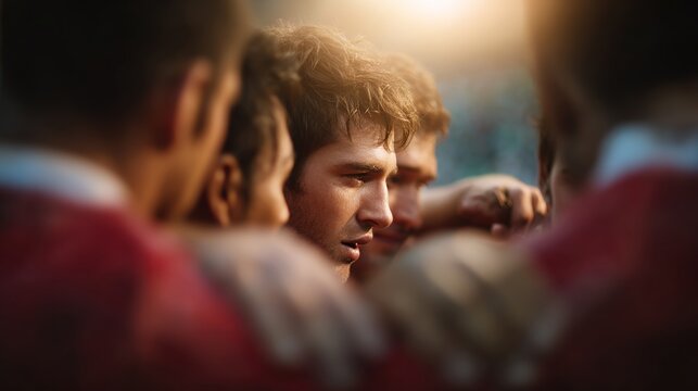 Rugby Team Huddle: A focused team of athletes huddle closely, illuminated by a warm, inviting light, their expressions a mix of determination and camaraderie, preparing for the challenge ahead.