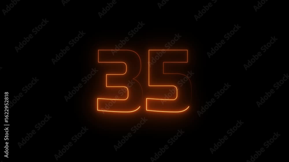 Poster glowing neon text 35 number countdown icon background 4k animation.