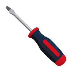 Flat design illustration of a hand-held flathead screwdriver with a blue and red handle and a metallic silver shaft on a white background