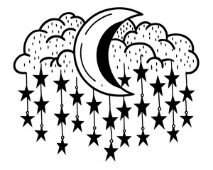 Crescent moon with star shower silhouette