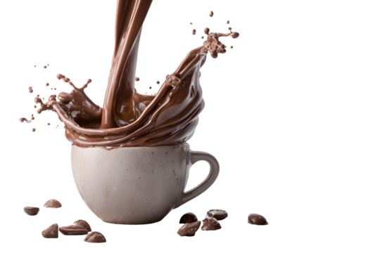 Hot chocolate pouring into cup splash chocolate candies
