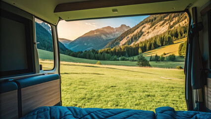Mountain scenery view from inside a campervan concept. Scenic mountain view from a cozy camper van interior at sunset.
