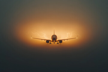 Obraz premium Plane approaching during thunderstorm. The aircraft is front and center as lightning flashes behind it.