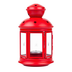 Bright red decorative lantern with star-shaped cutouts and glass panels, perfect for holiday, Christmas, festival, or interior decor, isolated on white background
