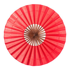 Traditional Asian paper umbrella with vibrant red color and intricate wooden frame design, symbolizing cultural artistry and decorative craftsmanship