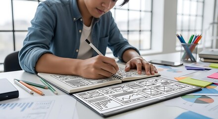 Person designing website wireframes and user interface layouts on paper image photo