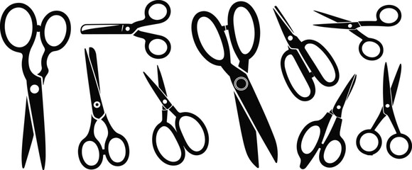 Collection of black silhouette scissors, vector illustration of various scissors, cutting tools design, isolated on white background, vintage and modern scissors bundle