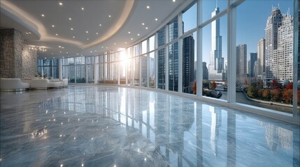 Modern interior with expansive windows offering a view of a city skyline