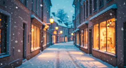 Fototapeta premium Winter Street Scene with Snow and Bokeh Lights
