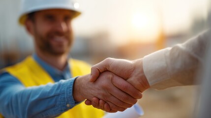 Construction Deal: Two figures seal a deal with a firm handshake, set against a construction site backdrop. An image of collaboration and commitment.