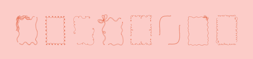 Collection of eight decorative whimsical frames in coquette style on pink background. A4 card size rococo line art borders. Vector hand drawn cute valentine empty set. Bow and ribbon outline clip art