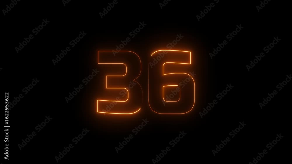 Poster glowing neon text 36 number countdown icon background 4k animation.