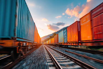 Obraz premium Container train travels along tracks during sunset near mountains