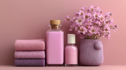 Aesthetic display of pink towels, bottles, and flowers arranged on a soft background