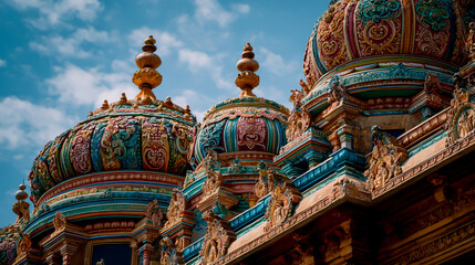 Obraz premium A close-up of the colorful domes and intricate carvings on the Meenakshi Amman Temple