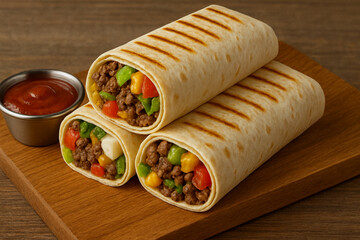 Grilled Beef Wraps with Colorful Vegetables and Tomato Ketchup