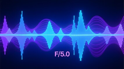 Neon-colored audio waveform with 'F/5.0' text, set against a dark background