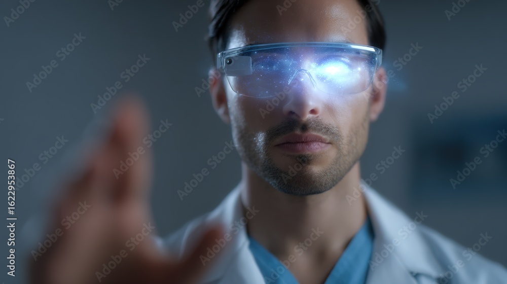 Poster tech visionary: a forward-thinking individual in a lab coat, illuminated by the glow of futuristic a